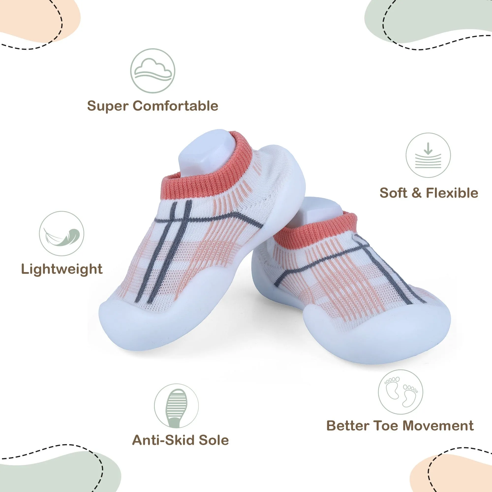 Baby Moo Checked Rubber Comfortable Sole Slip-On Sock Shoes - Peach