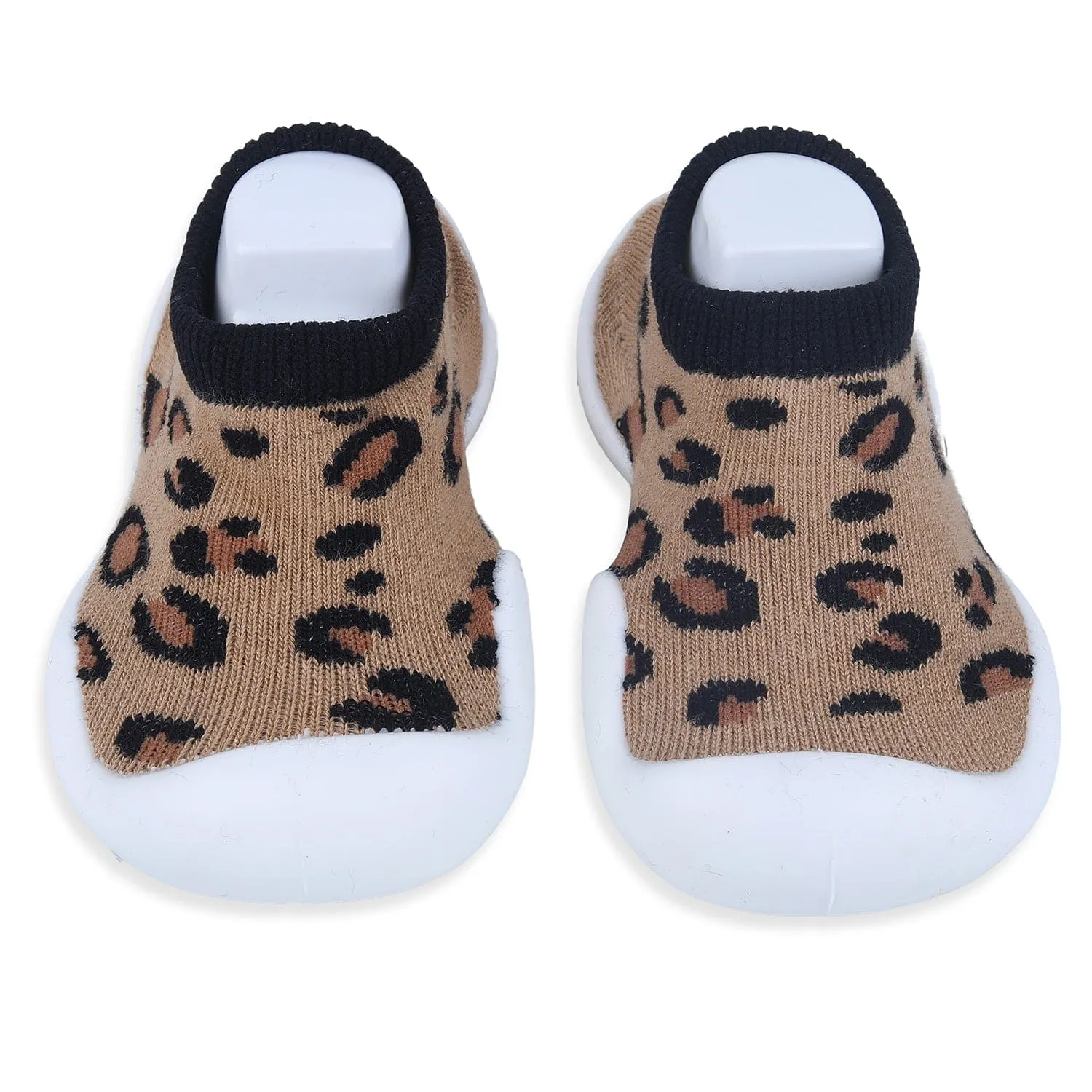 Baby Moo Leopard Print Rubber Comfortable Sole Slip-On Sock Shoes - Brown