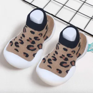 Baby Moo Leopard Print Rubber Comfortable Sole Slip-On Sock Shoes - Brown