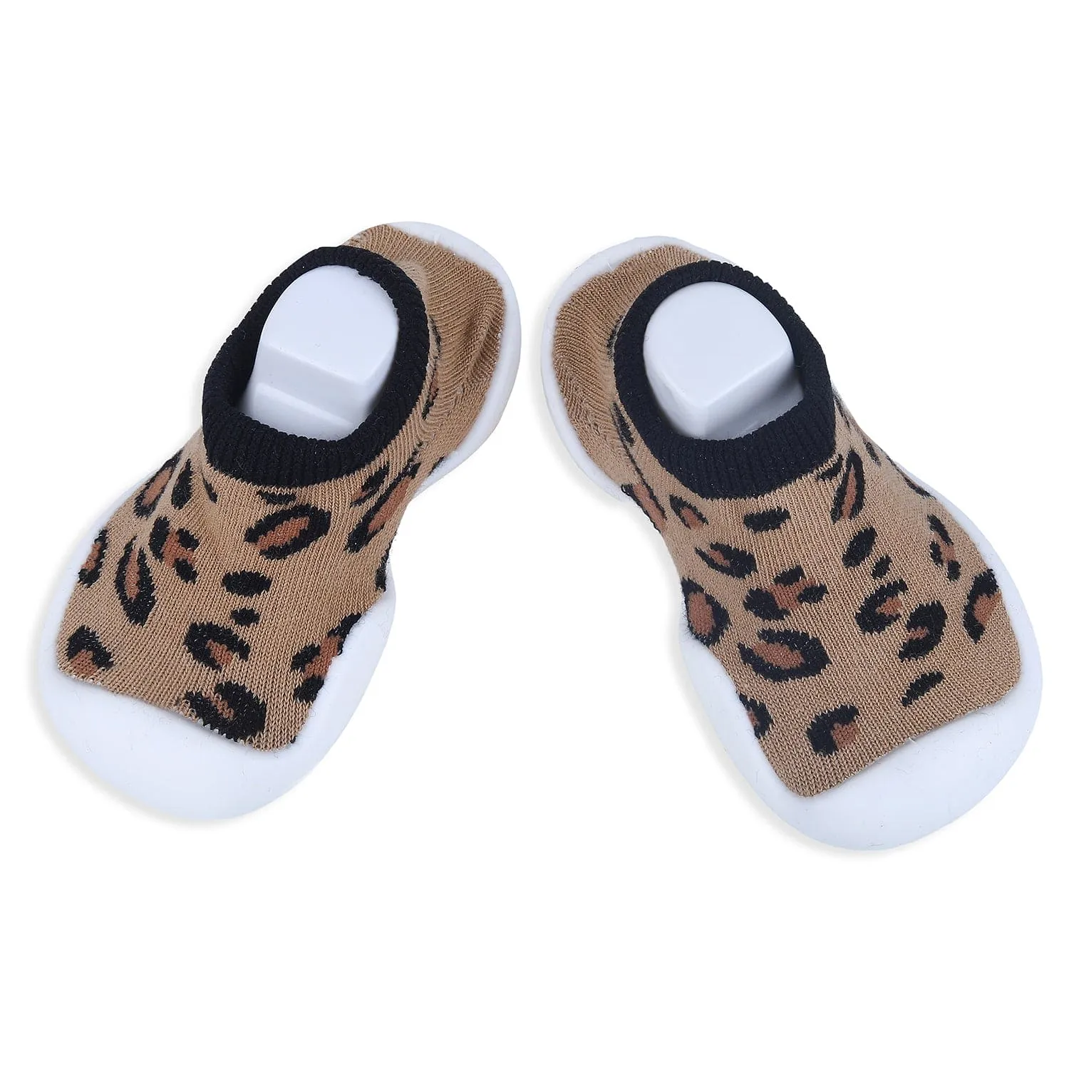 Baby Moo Leopard Print Rubber Comfortable Sole Slip-On Sock Shoes - Brown