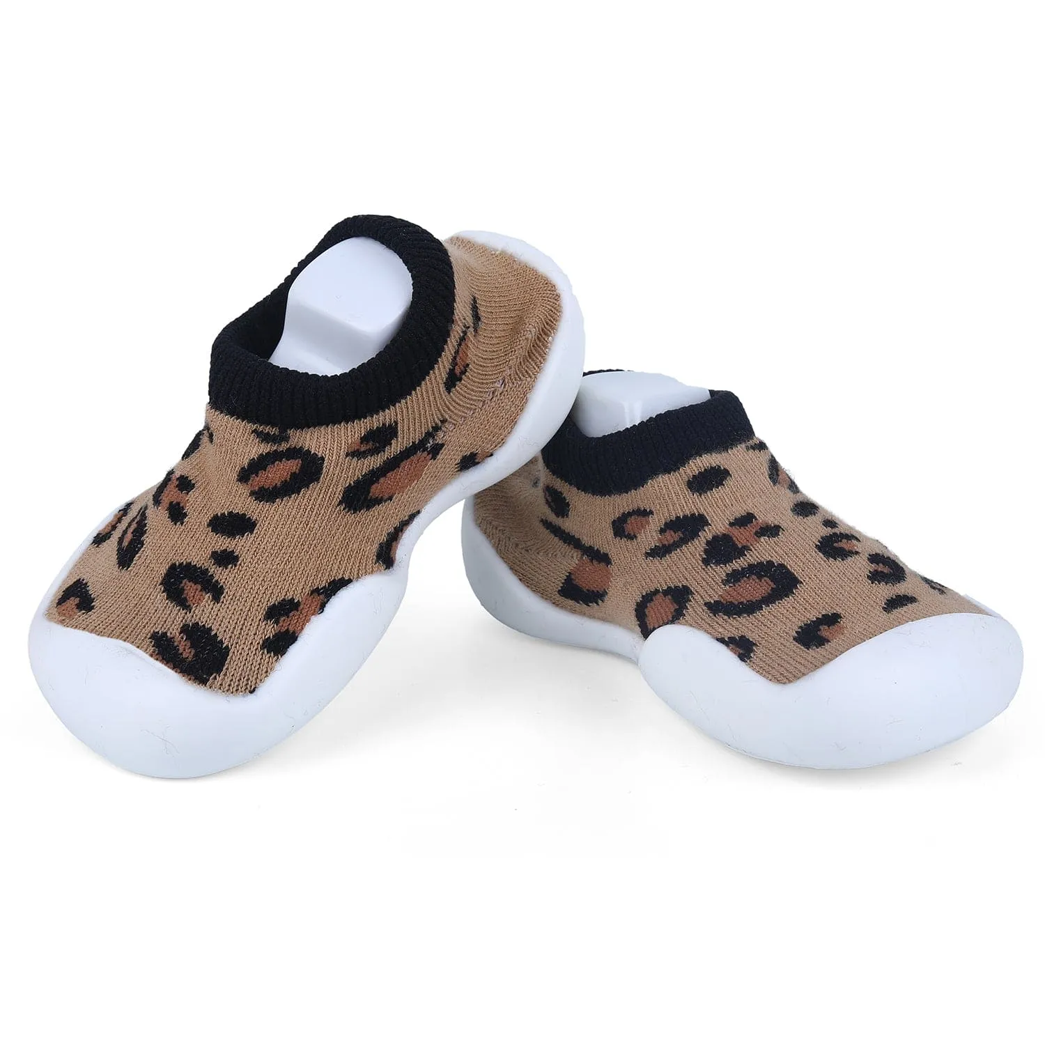 Baby Moo Leopard Print Rubber Comfortable Sole Slip-On Sock Shoes - Brown