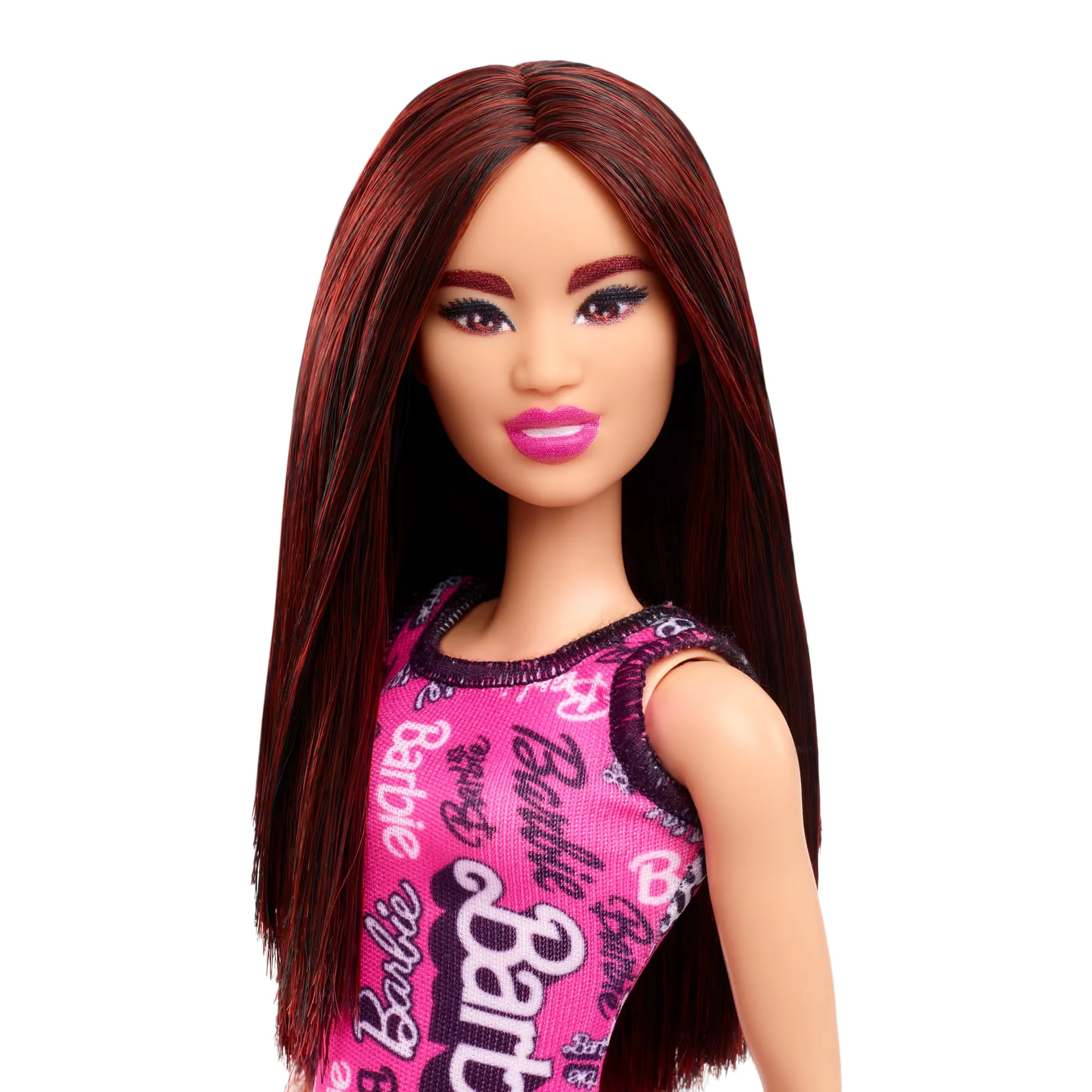 Barbie Fashion Doll With Dark Burgundy Hair Wearing Removable Pink Dress & Shoes With Logo Print