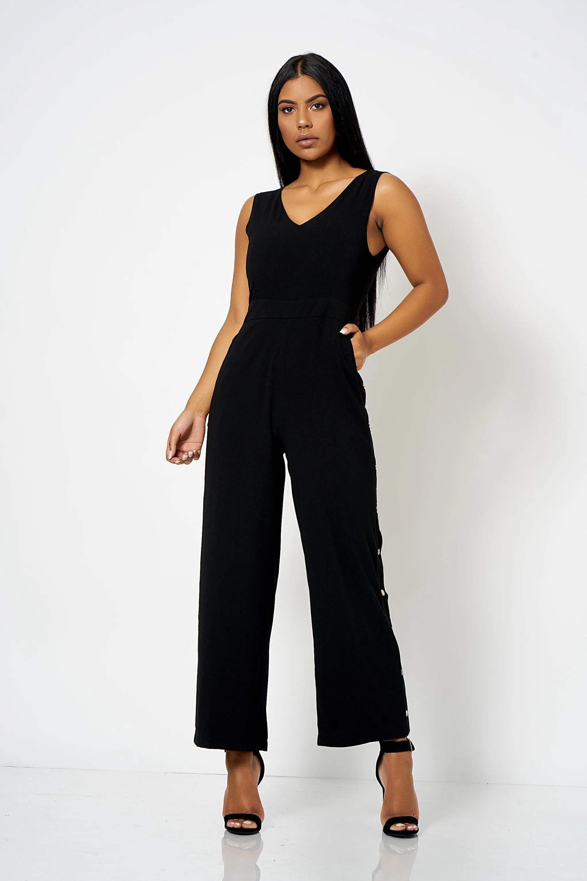 Black Low Back Split Leg Jumpsuit