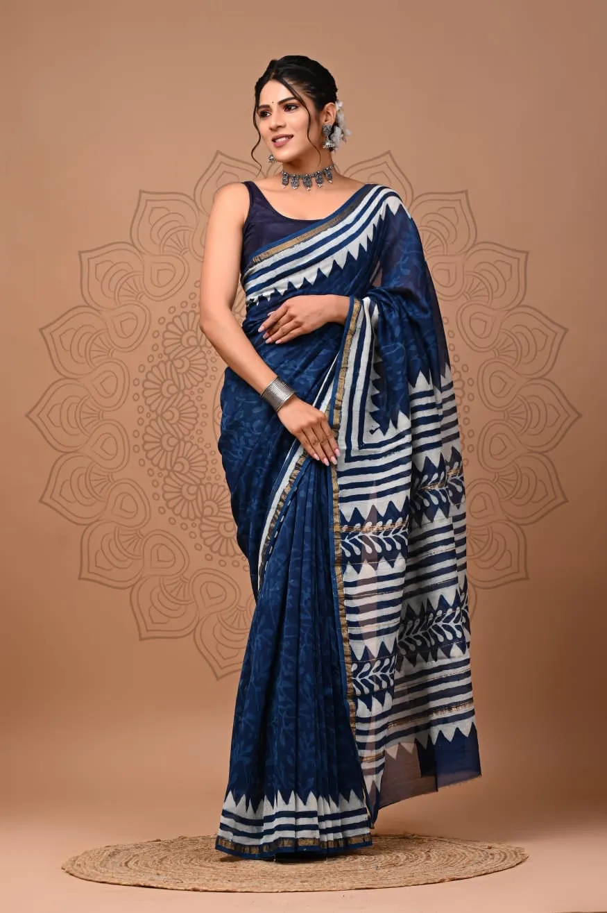 Blue Chanderi Handblock Printed Saree