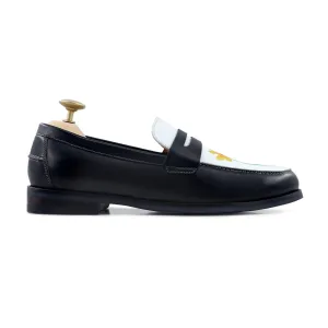 Boulia - Men's Black and White Calf Leather Loafer (Sunflower Embroidery)