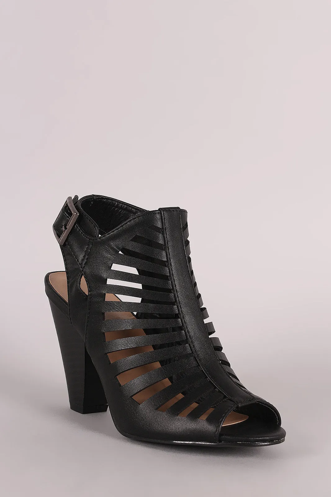 Buckled Caged Cutout Peep Toe Chunky Heel