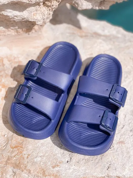 Comfy Buckle Foam Slides - Navy Blue