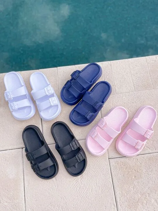 Comfy Buckle Foam Slides - Navy Blue