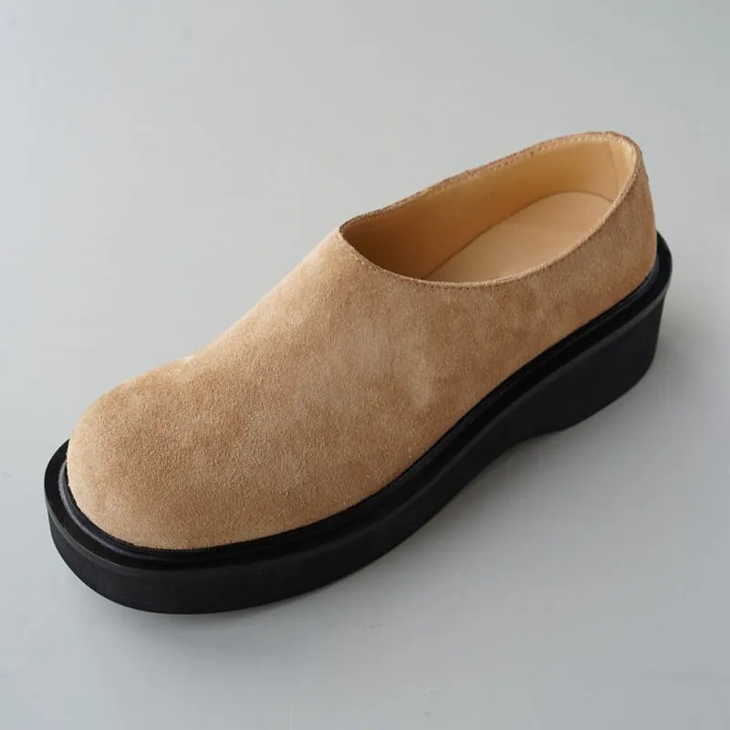 Comfy Genuine Leather Women Loafers Slip On Walking Platform in Black/Camel