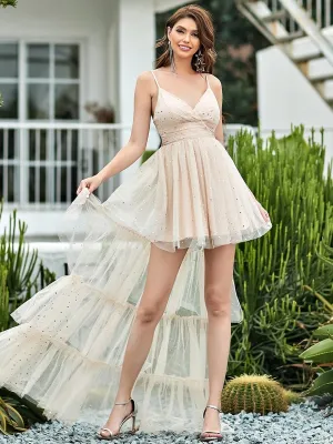 Elegant Plunging V-Neck Spaghetti Strap High-Low Prom Dress