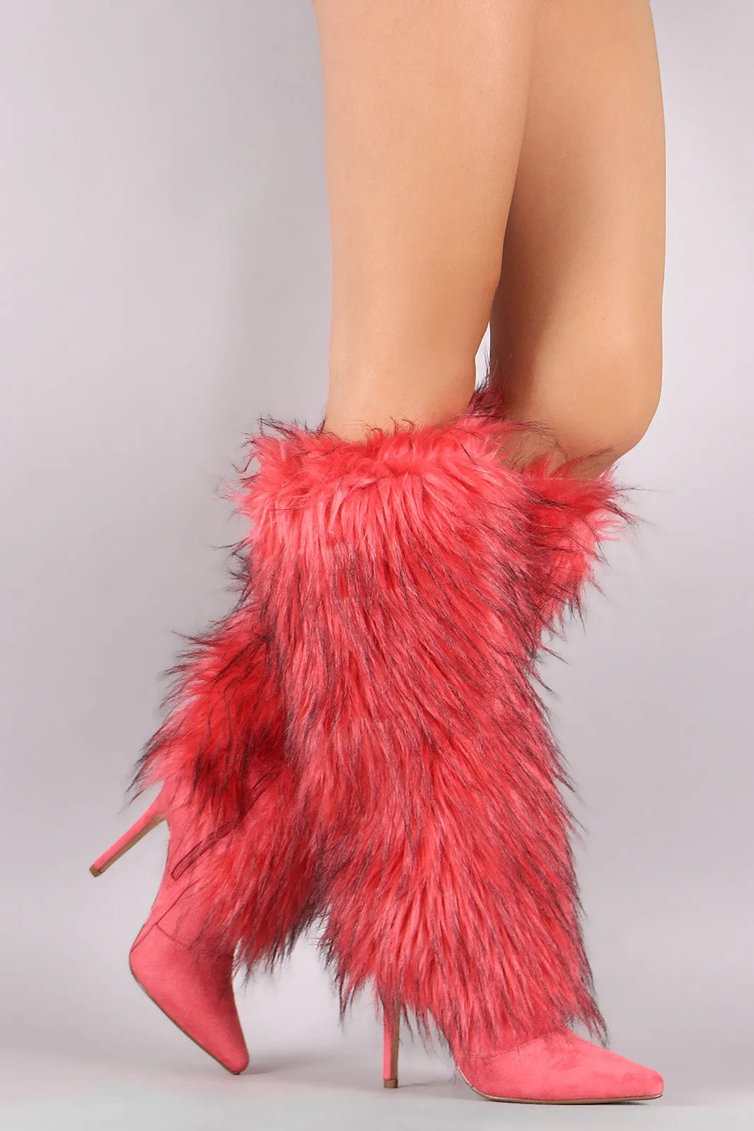 Faux Fur Shaft Pointy Toe Stiletto Knee High Boots