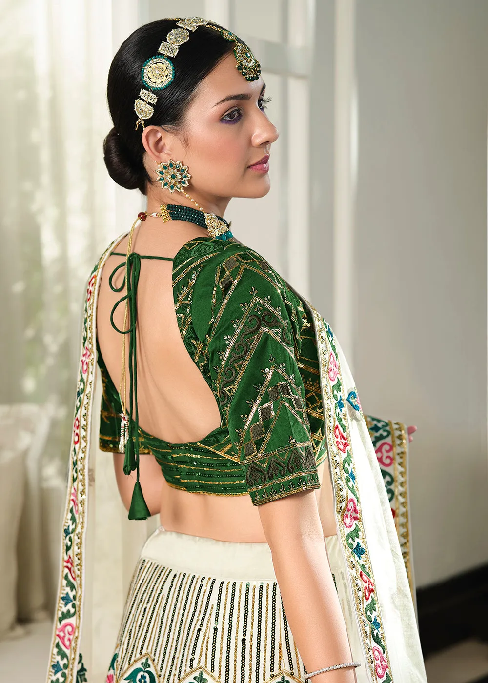 Festive White & Green Sequins Embroidered Wedding Trendy Lehenga