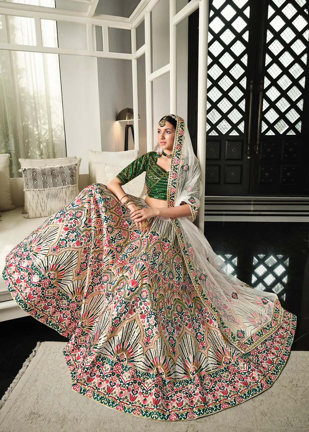 Festive White & Green Sequins Embroidered Wedding Trendy Lehenga