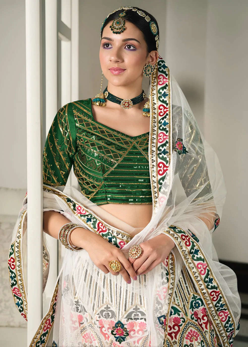 Festive White & Green Sequins Embroidered Wedding Trendy Lehenga