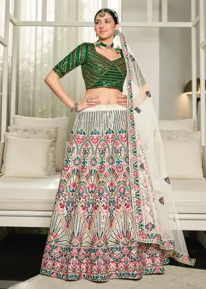 Festive White & Green Sequins Embroidered Wedding Trendy Lehenga