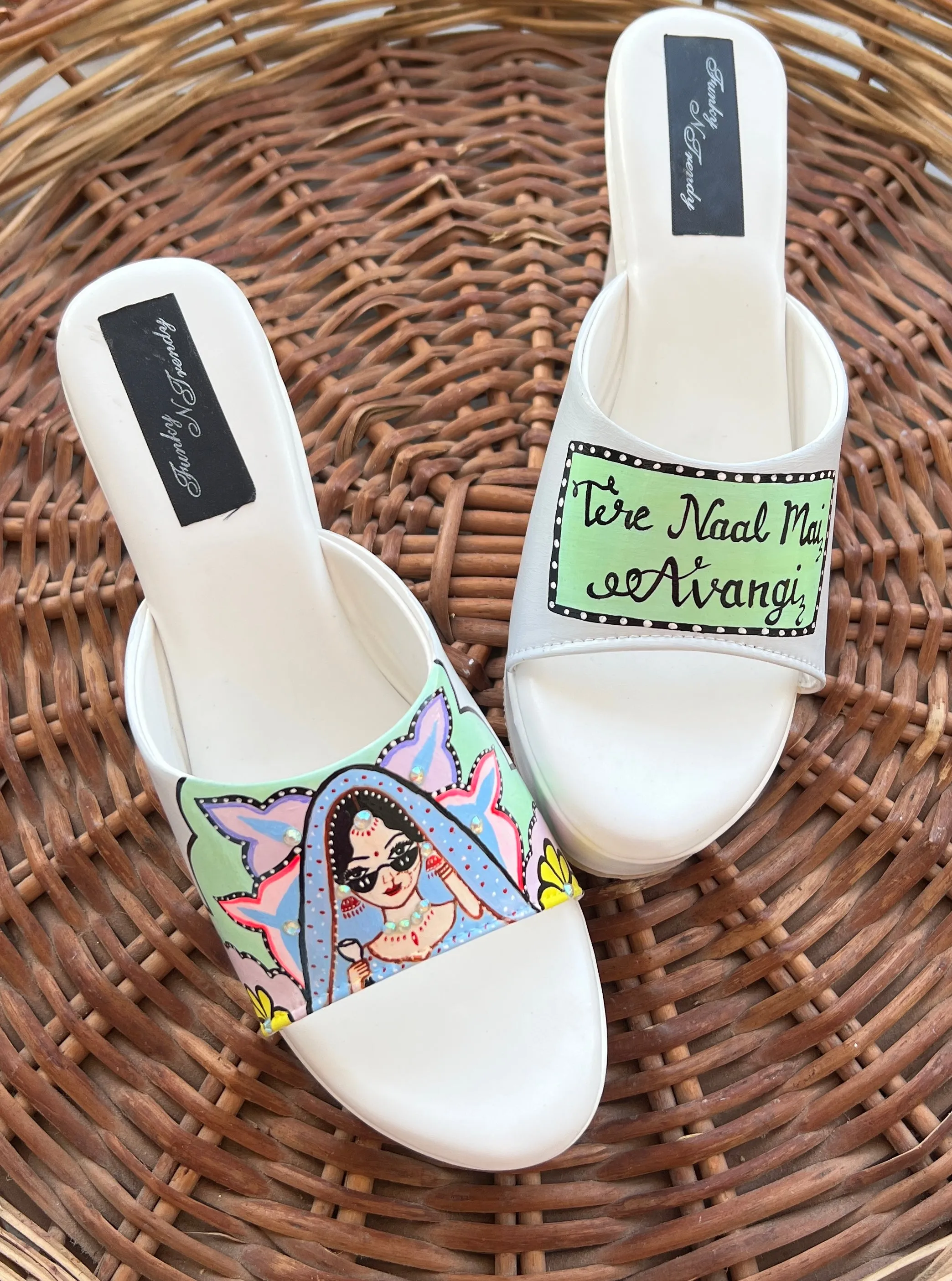 FUNKY N TRENDY hand painted water resistant wedding theme wedges for bride / handpainted heels / quirky heels/ kudi pataka sandals / kudi pataka heels / white heels/ green wedges