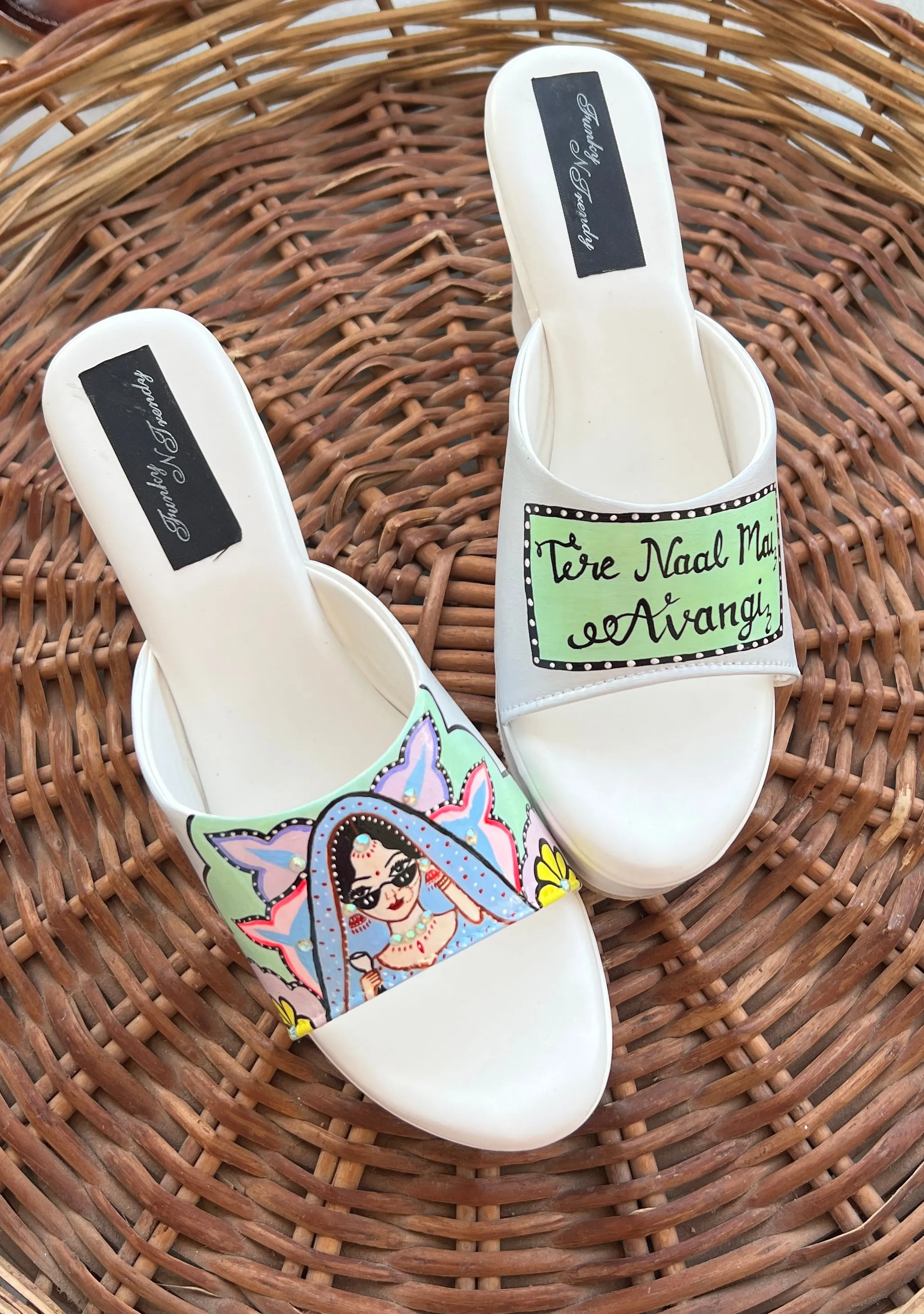 FUNKY N TRENDY hand painted water resistant wedding theme wedges for bride / handpainted heels / quirky heels/ kudi pataka sandals / kudi pataka heels / white heels/ green wedges