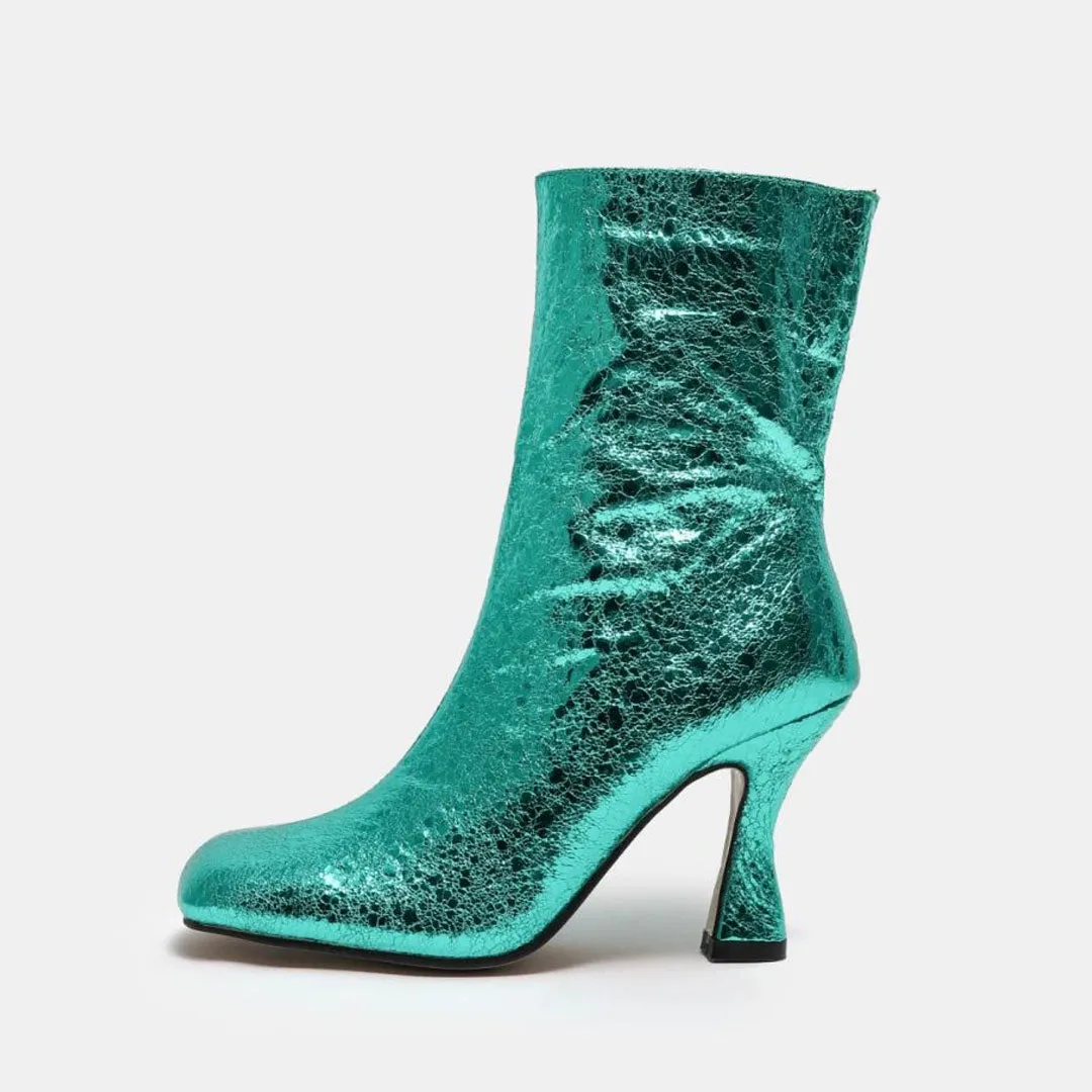 Glittering Metallic Trim Square Toe High Heel Ankle Boots - Turquoise