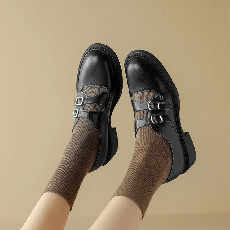 Handmade Leather Double Monk Strap Shoes For Women in Coffee/Black