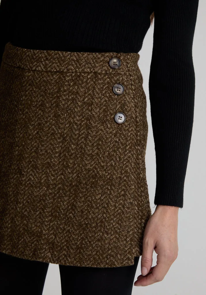 Harriet Flared Tweed Mini Skirt In Khaki