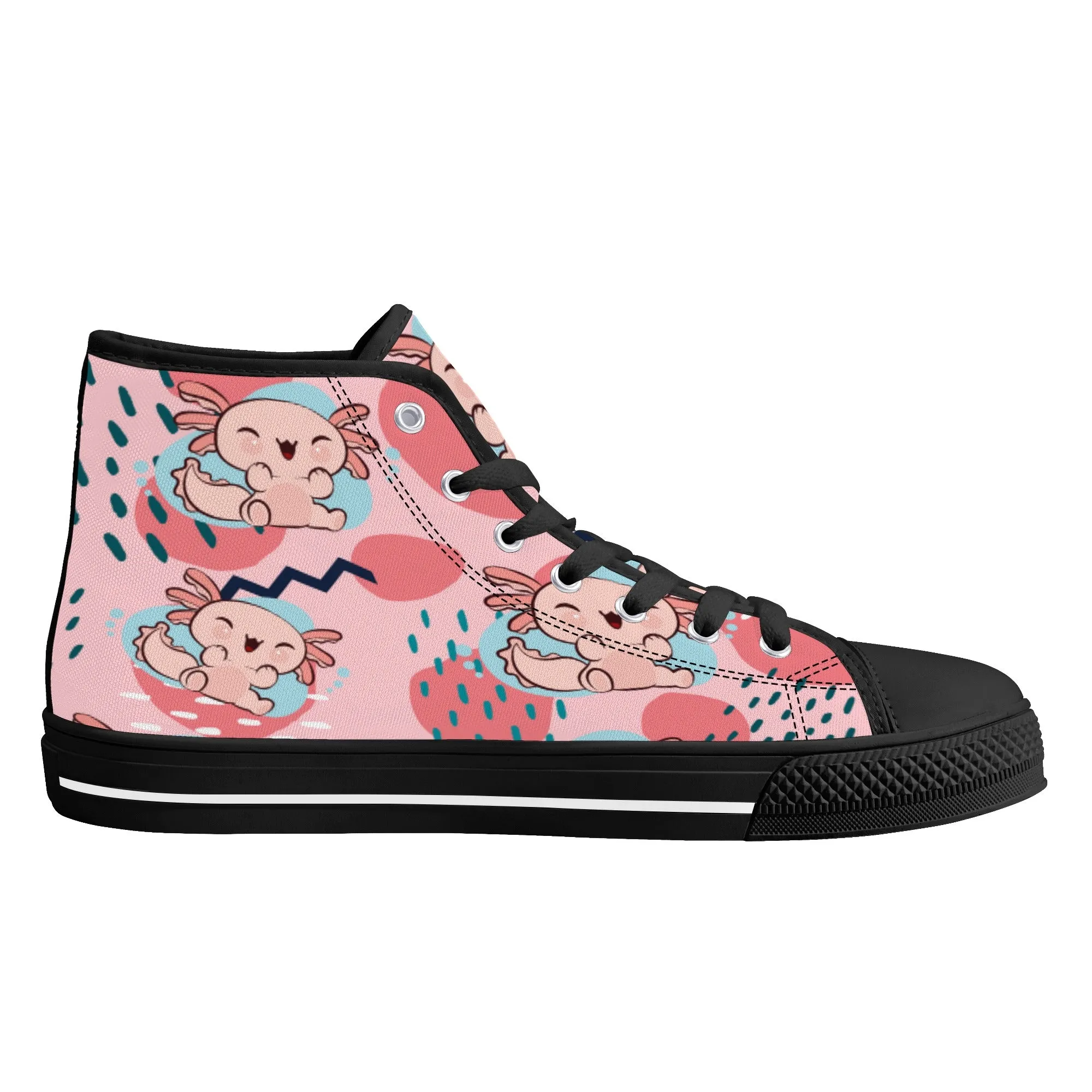 High Top Canvas Sneakers | Printed Tongue | Pink Cute Axolotl Shoes | Cute Hi Tops