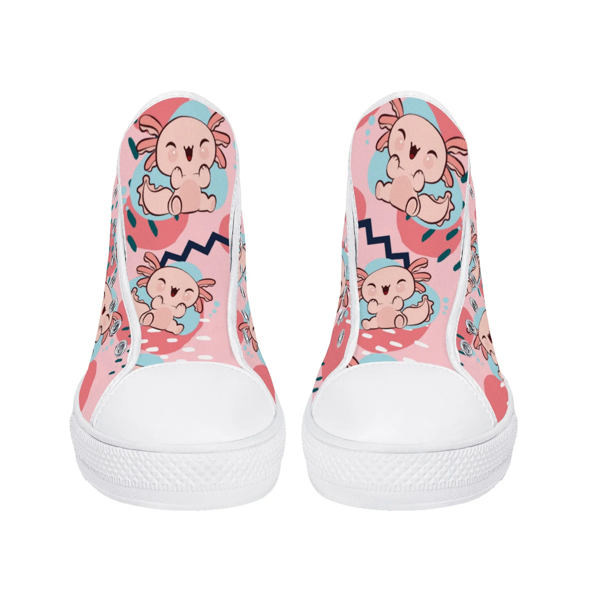 High Top Canvas Sneakers | Printed Tongue | Pink Cute Axolotl Shoes | Cute Hi Tops