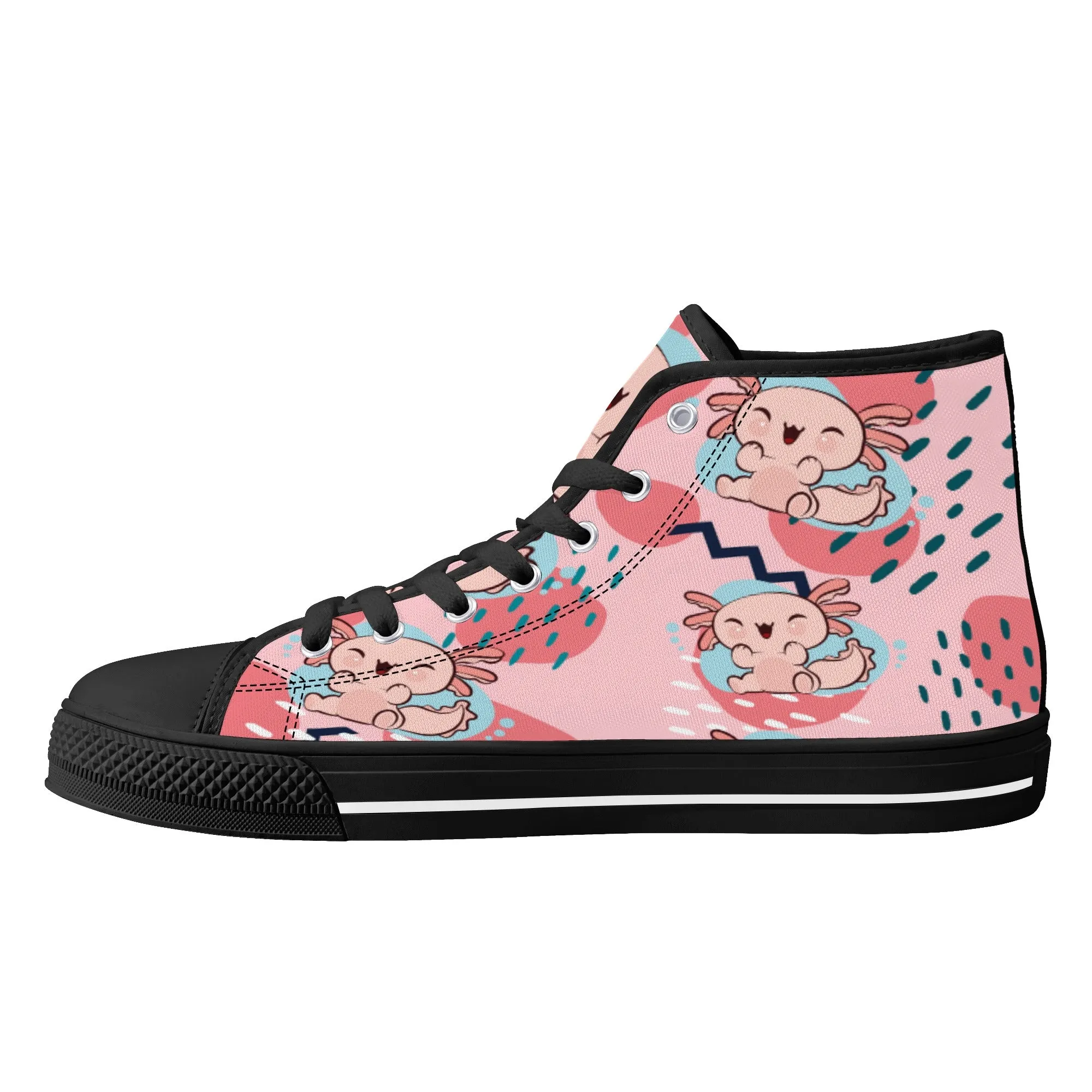 High Top Canvas Sneakers | Printed Tongue | Pink Cute Axolotl Shoes | Cute Hi Tops