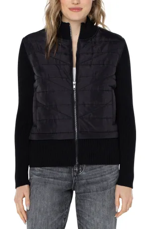 Long Sleeve Quilted Front Full Zip Sweater - Black