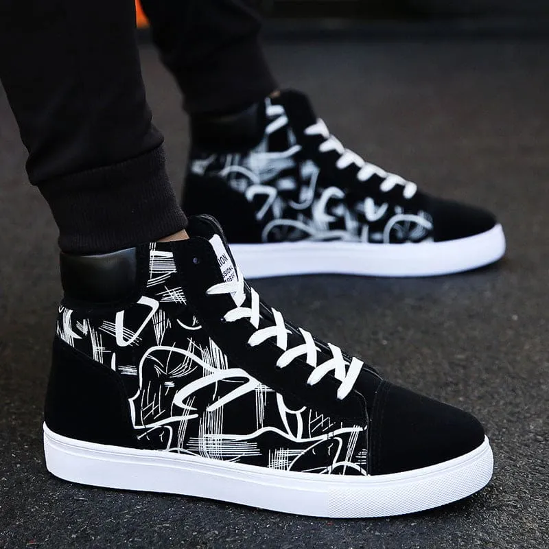 Men Lace-Up Graphic Print High Top Sports Skate Shoes