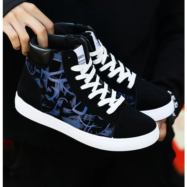 Men Lace-Up Graphic Print High Top Sports Skate Shoes