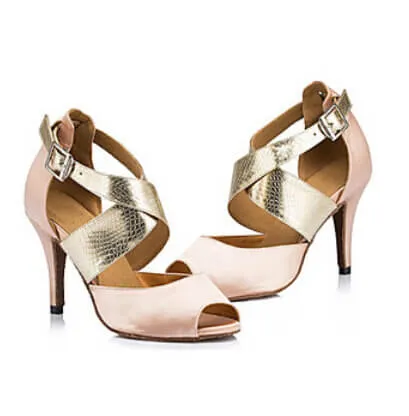 Nude Satin Ballroom Dancing Shoes Latin Salsa Bachata Dance Heels