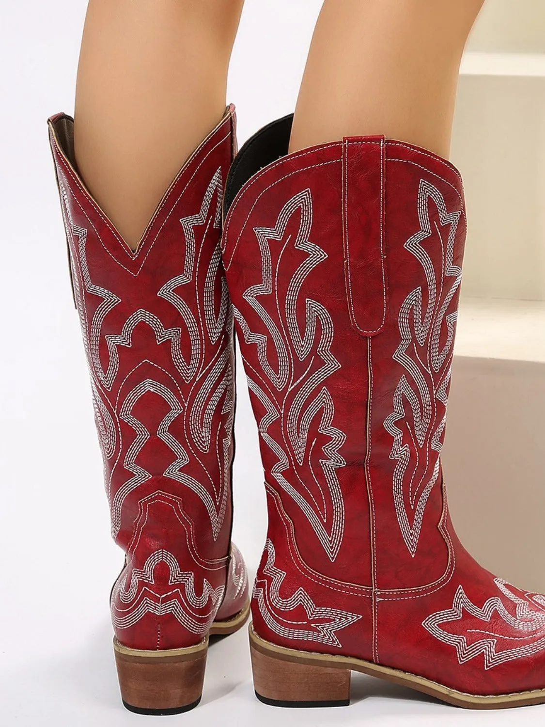 PU Leather Embroidered Geometric Point Toe Boots