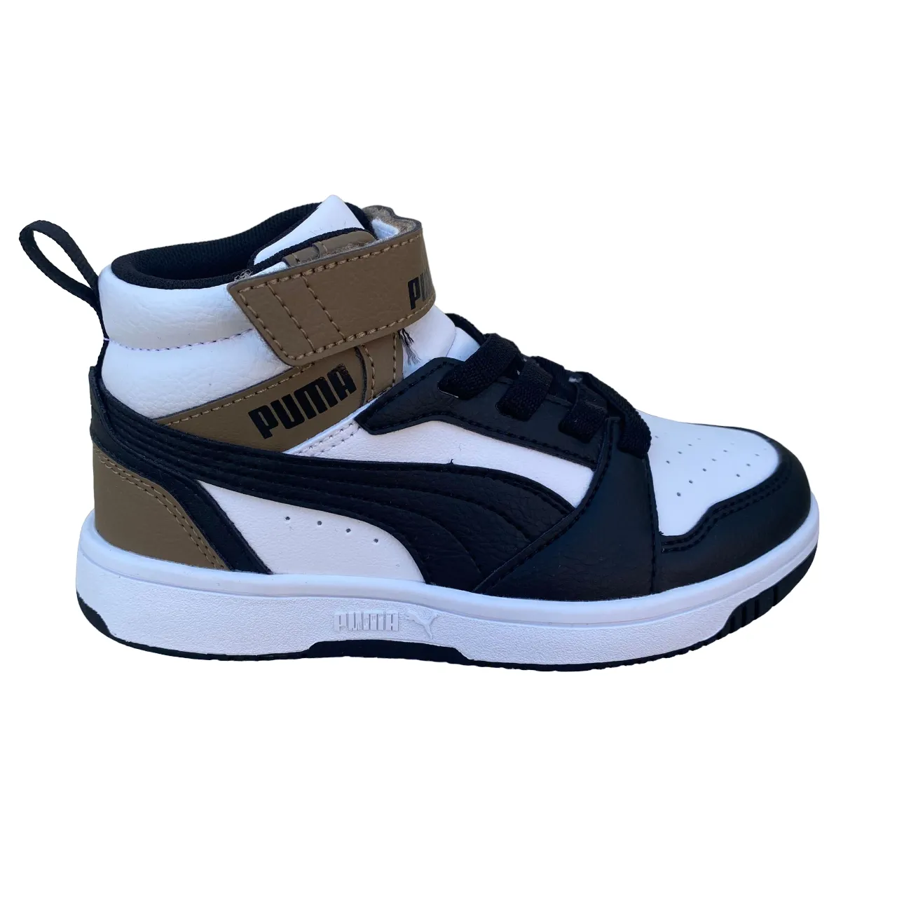 Puma boys' high shoe with lace and strap Rebound V6 AC PS 393832-08 white-black-chocolate