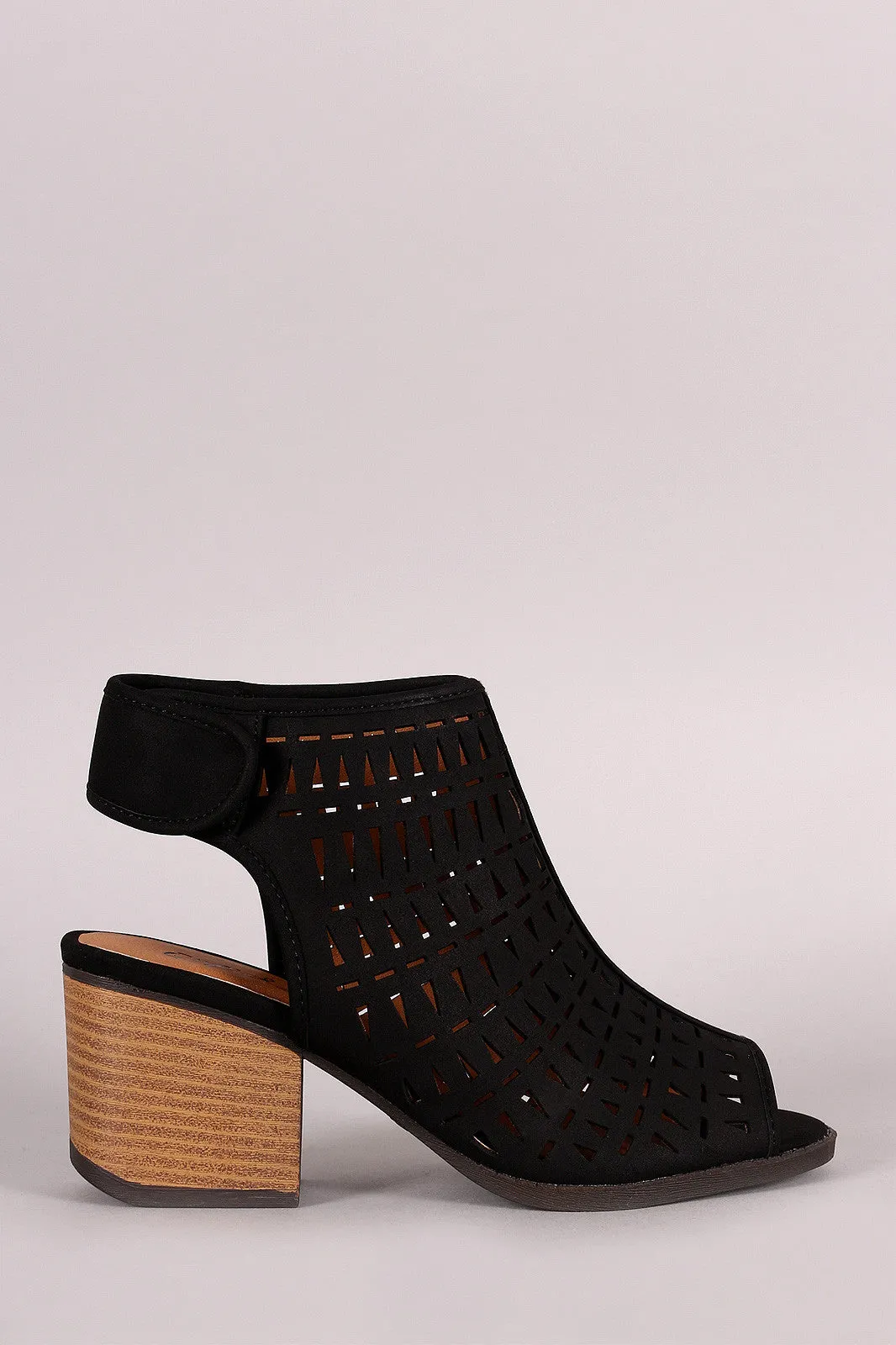 Qupid Perforated Peep Toe Block Heel Bootie