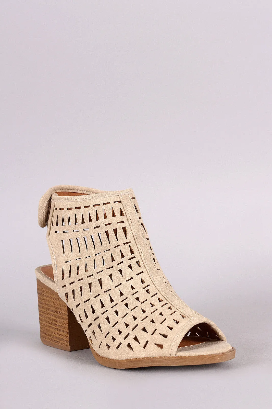 Qupid Perforated Peep Toe Block Heel Bootie