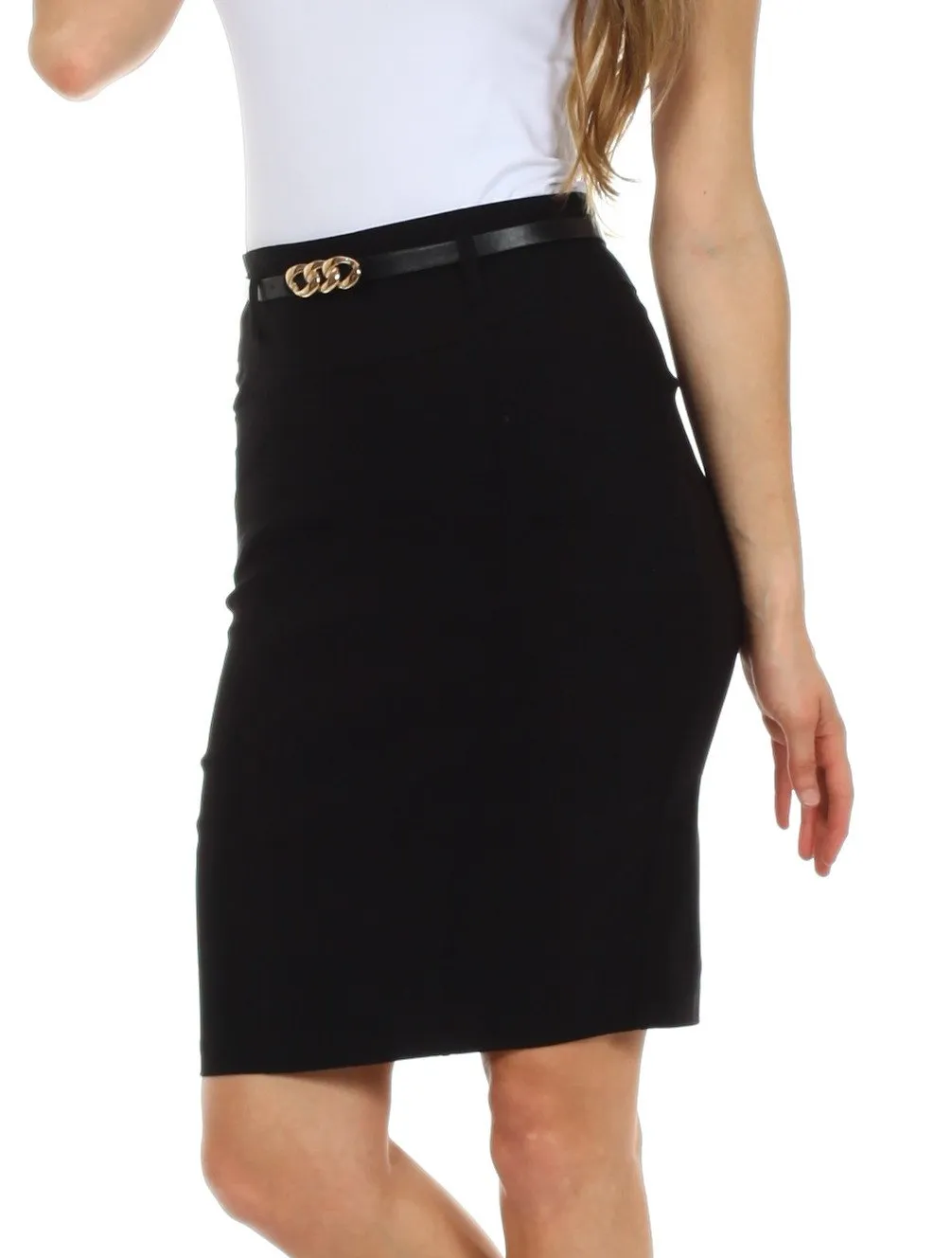 Sakkas Women's Shirred Hip Stretch Pencil Skirt with Skinny Belt