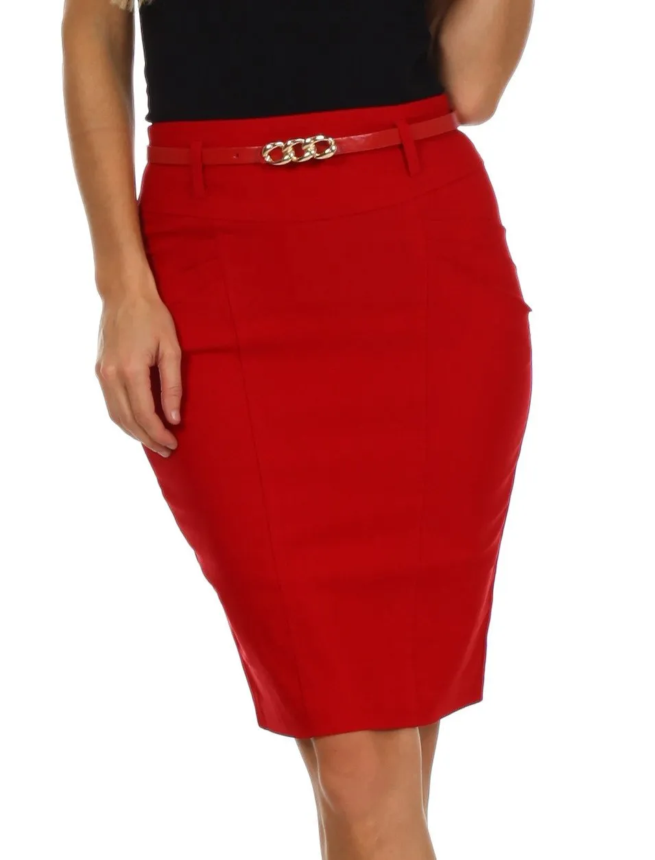 Sakkas Women's Shirred Hip Stretch Pencil Skirt with Skinny Belt