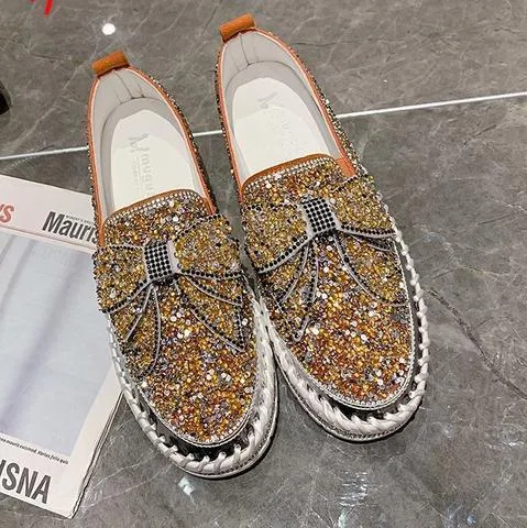 👡Women Shining Rhinestone Slip-on Loafers with Cute Bowknot