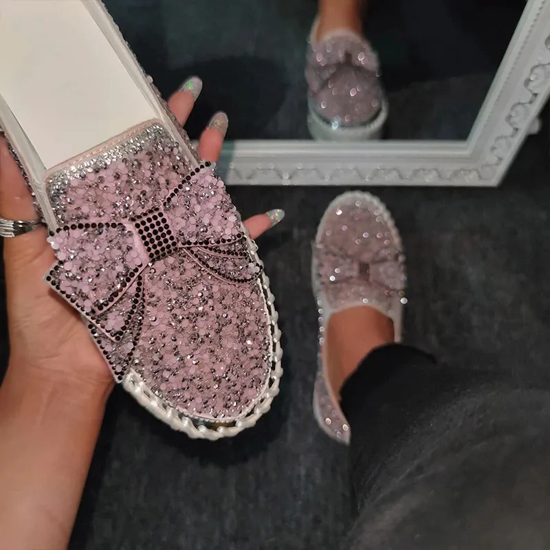 👡Women Shining Rhinestone Slip-on Loafers with Cute Bowknot