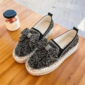 👡Women Shining Rhinestone Slip-on Loafers with Cute Bowknot