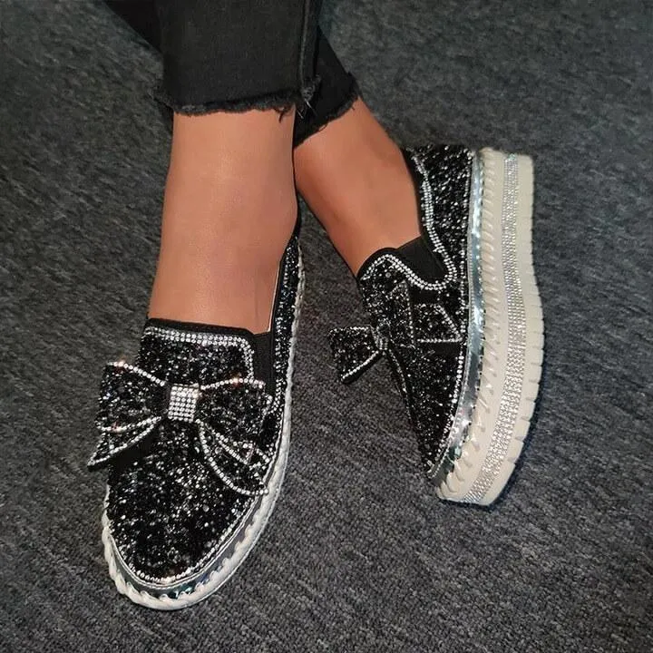 👡Women Shining Rhinestone Slip-on Loafers with Cute Bowknot