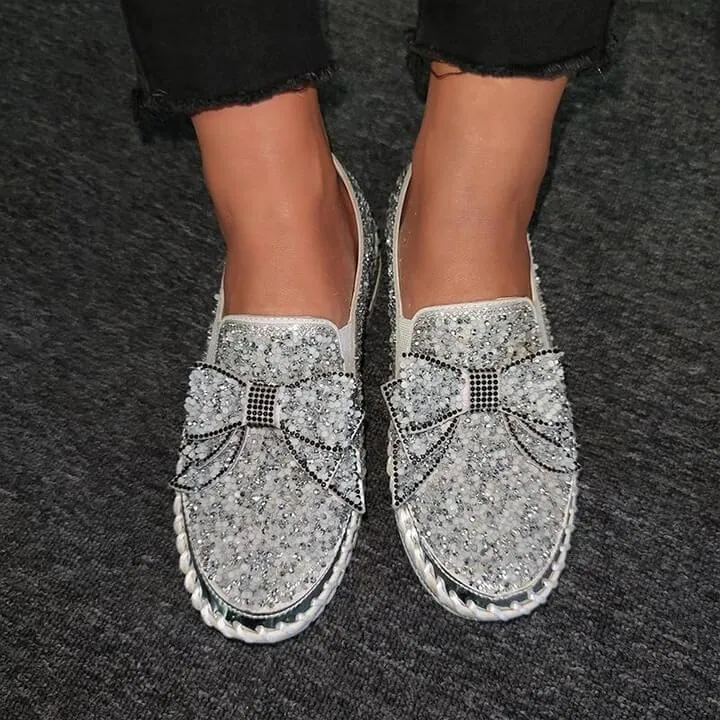 👡Women Shining Rhinestone Slip-on Loafers with Cute Bowknot