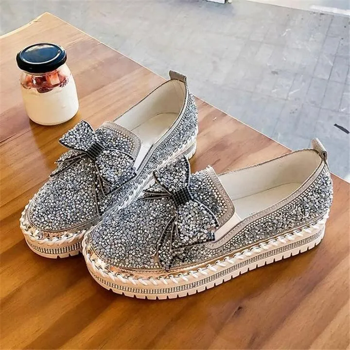 👡Women Shining Rhinestone Slip-on Loafers with Cute Bowknot