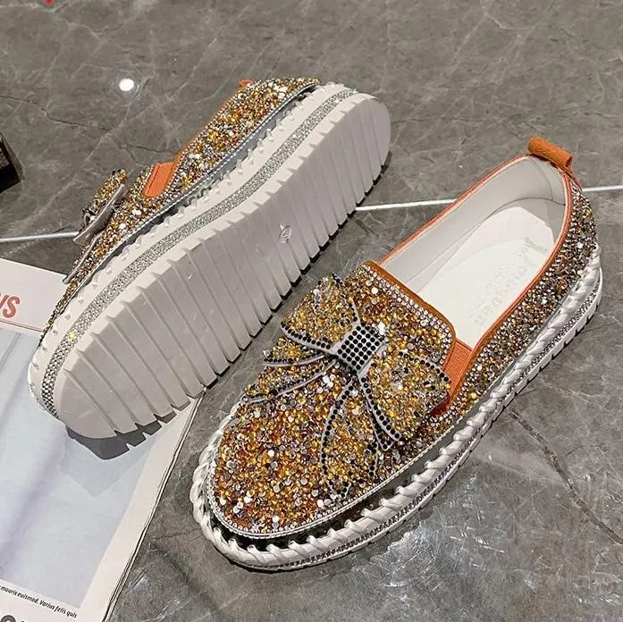 👡Women Shining Rhinestone Slip-on Loafers with Cute Bowknot