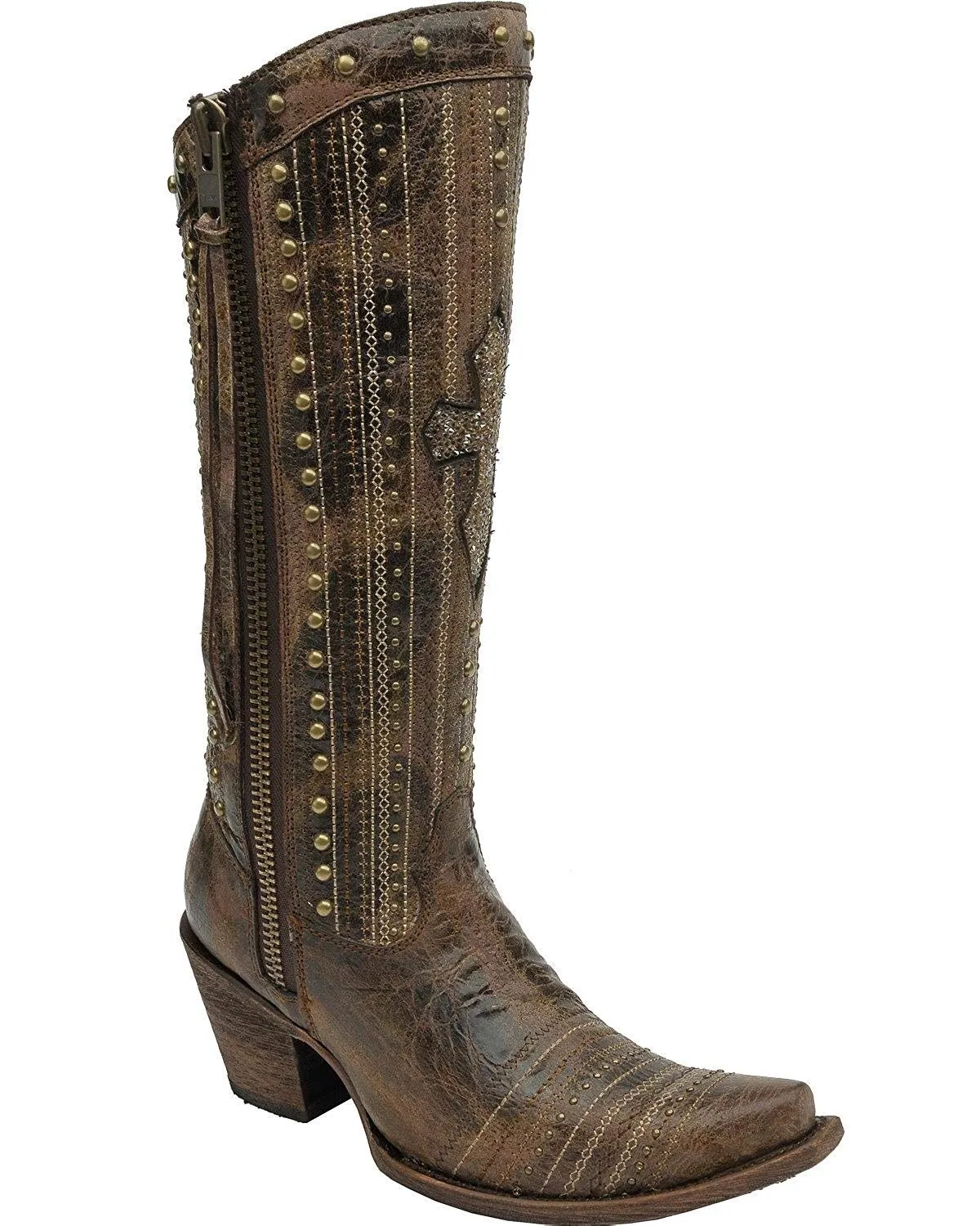 Women's Crystal Cross Stripes and Studs Tall Boot Snip Toe - C2925