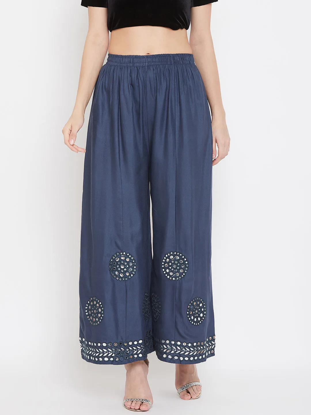 Women'S Navy Blue Mirror Work Rayon Sharara